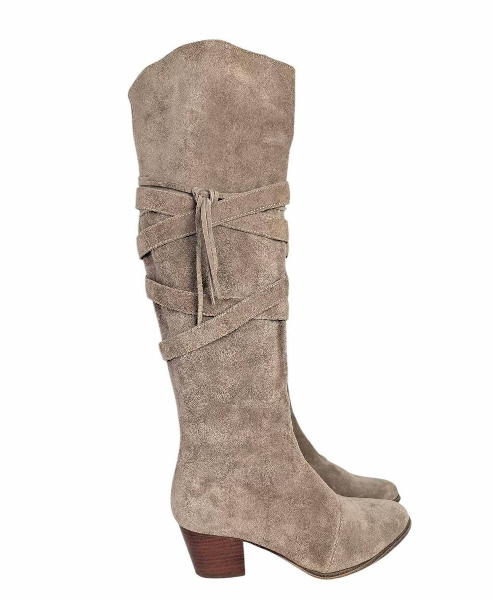 Sole Society Antoinette beige tan taupe suede knee high strappy boots womens 9